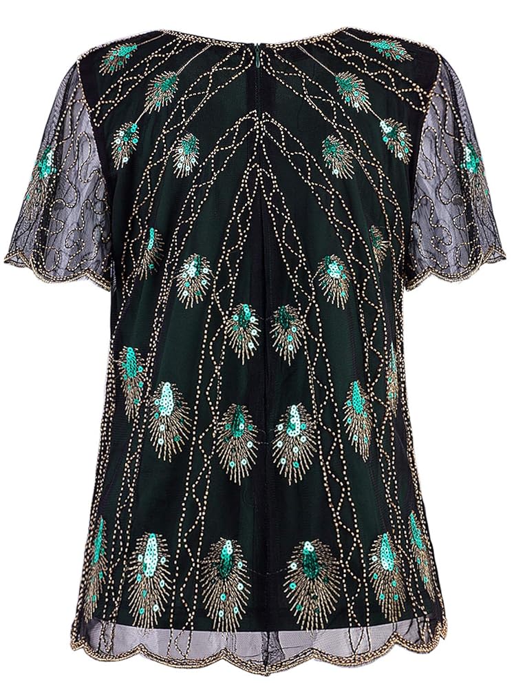 Vijiv Women's 1920s Vintage Green Peacock Beaded Tops